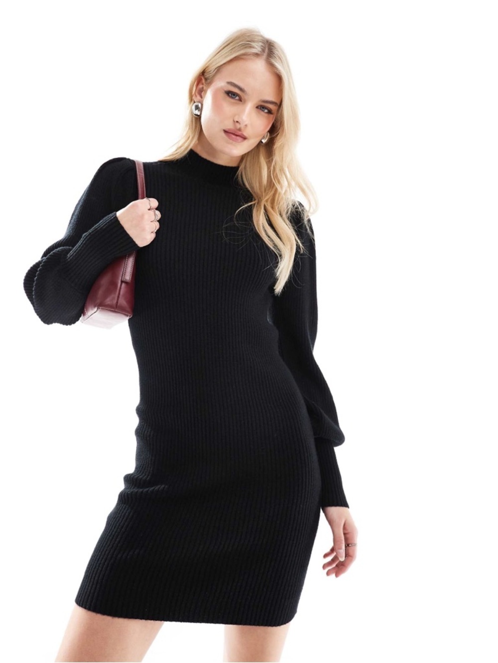 Women’s Ribbed Mock Neck Turtle Neck Stretch Knit Short Black Dress Size Large